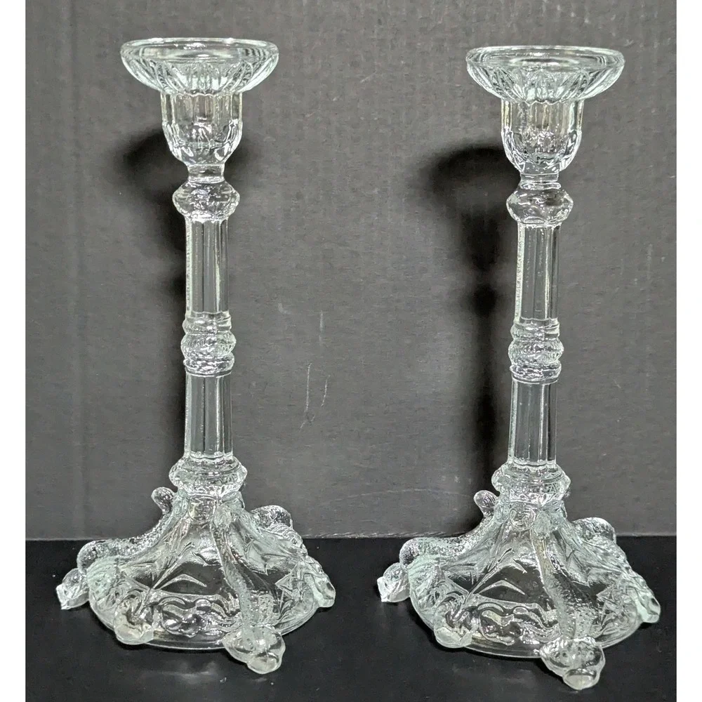 Vtg Clear European Pressed-Glass Koi Fish/Dolphin-Footed Candlesticks (Pair)
